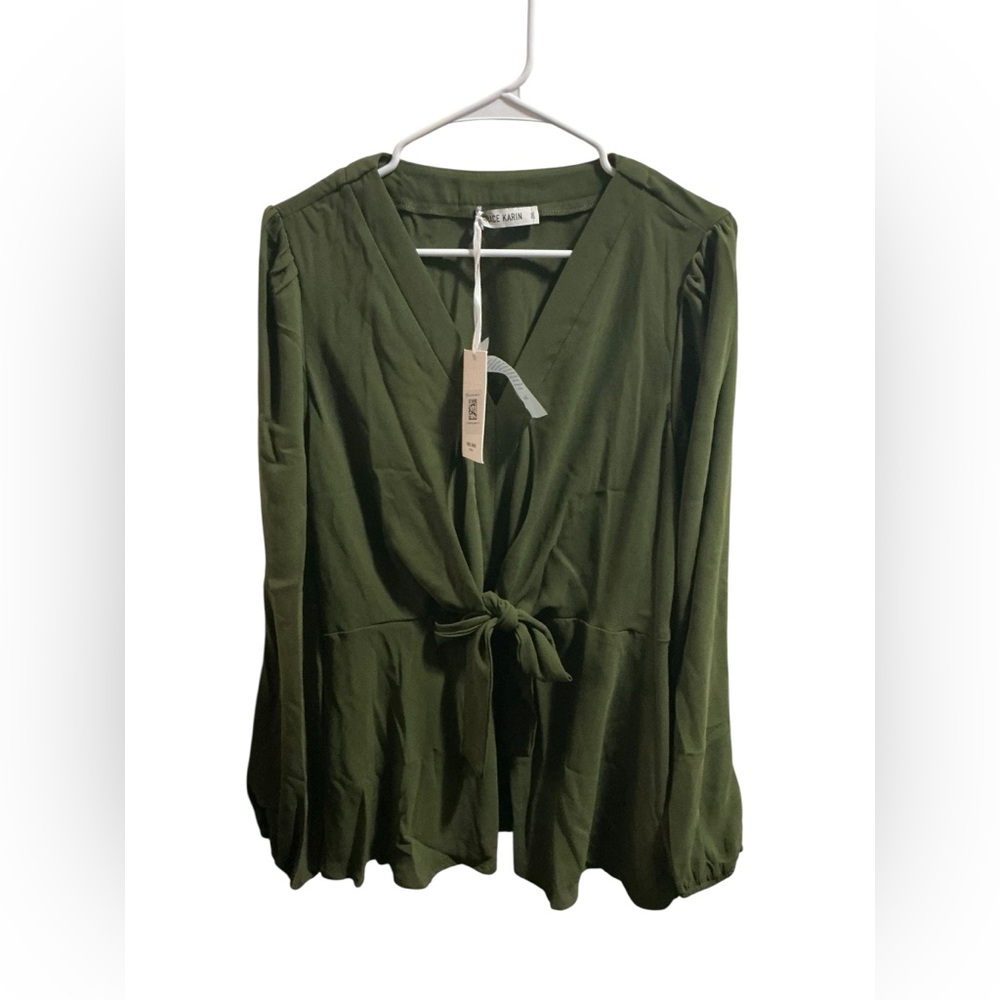 Grace Karin Olive V-Neck Tie Front Blouse size 2X NEW